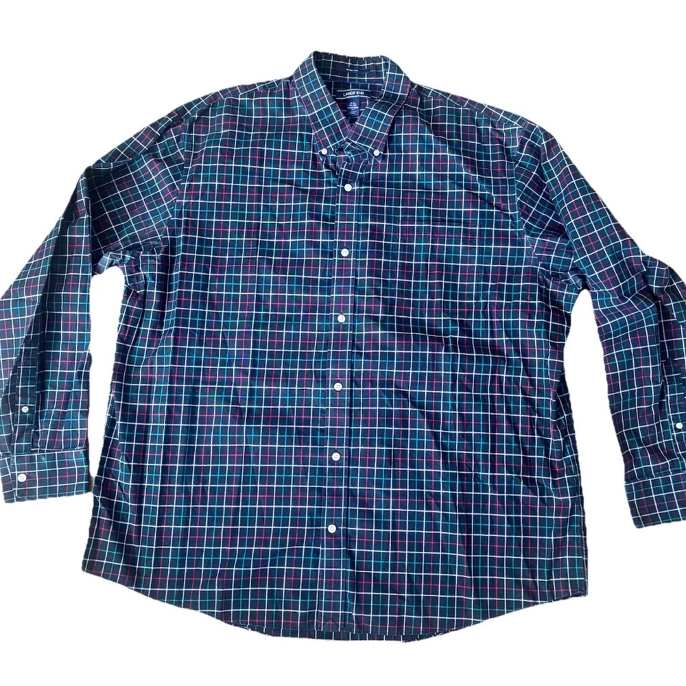 Lands' End Men's XXL Button Up Traditional Fit Shirt Cotton Plaid Blue